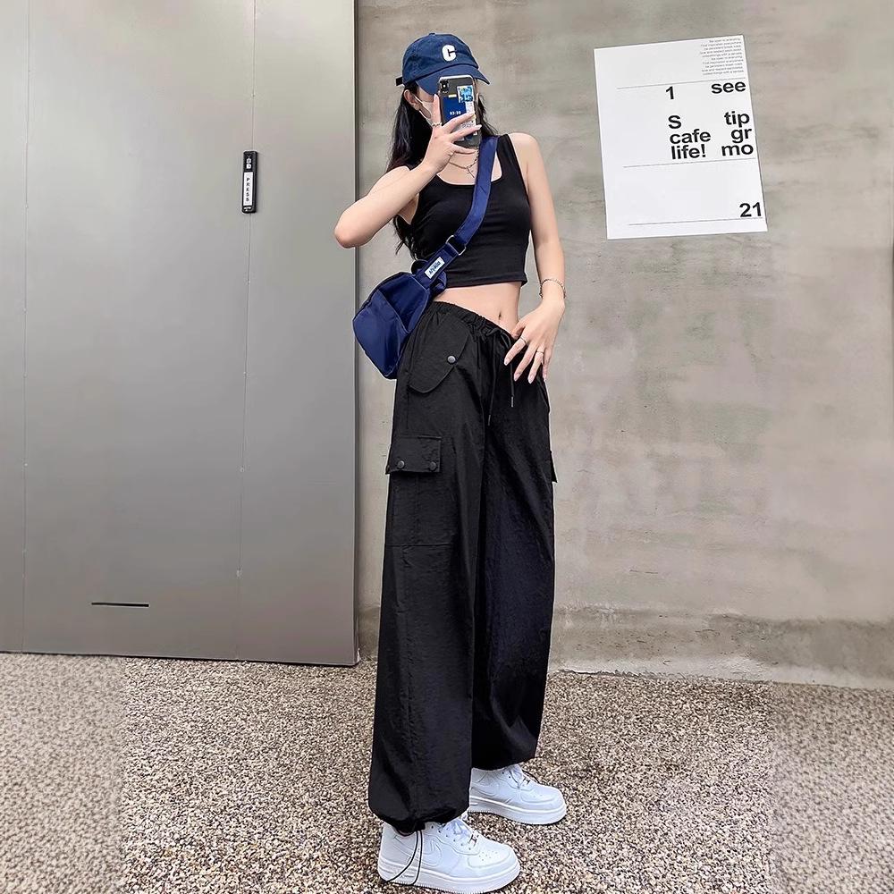 

2025 Spring Pink Spicy Girl High-Waist Wide-Leg Cargo Sweatpants for Women Large чорний