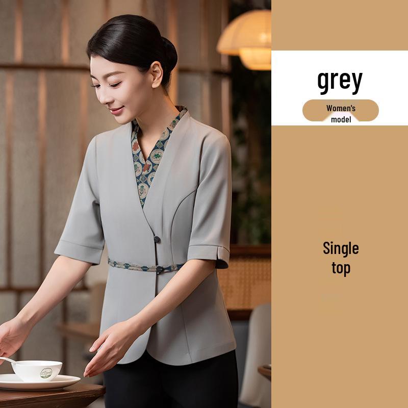 Damen Sommer Kurzarm-Uniform: Chinesischer Stil Catering, Hotel Lobby, Hot Pot Restaurant Empfangskleidung