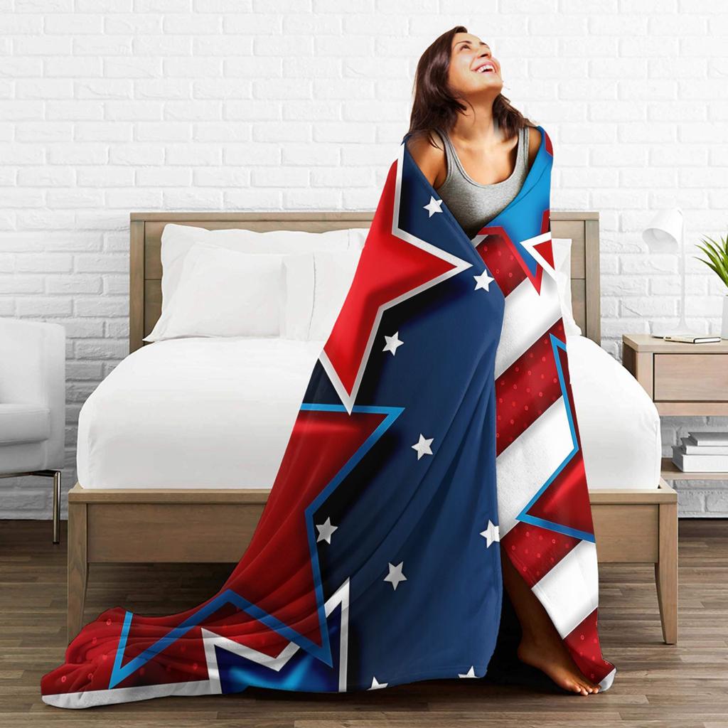 4th of July USA Flannel Blanket Warm Soft Throw Blanket for Bedroom Airplane Travel Aesthetic Bedspread Sofa Bed Cover