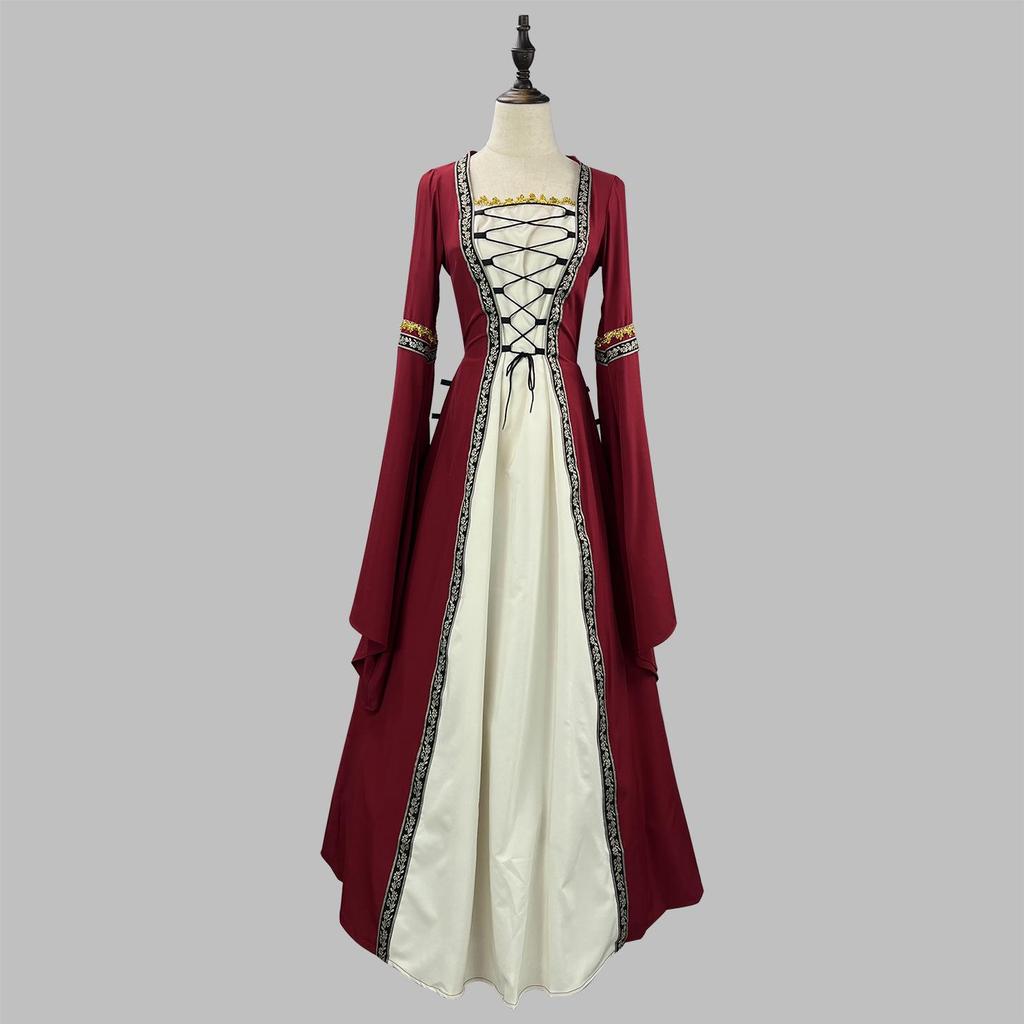 European & American Gothic Medieval Square Neck Bell Sleeve Plus Size Dress