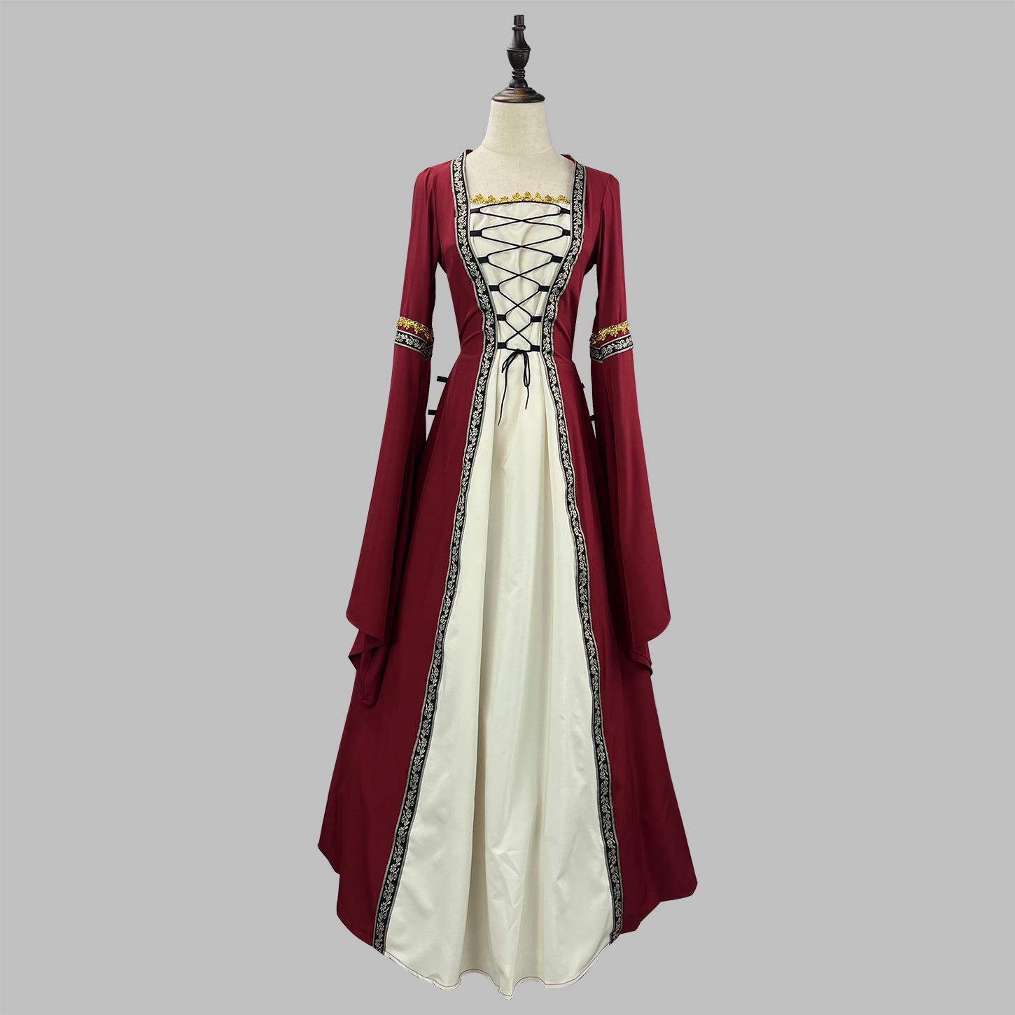 

Европейское и американское готическое средневековое платье с квадратным вырезом и рукавами-колокольчиками больших размеров 5XL вино красного