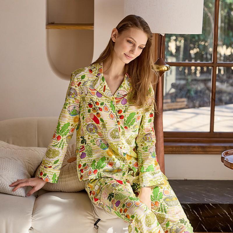 Womens Lightweight Cotton Pajama Set Long Sleeve Loose Fit Home Wear Fall