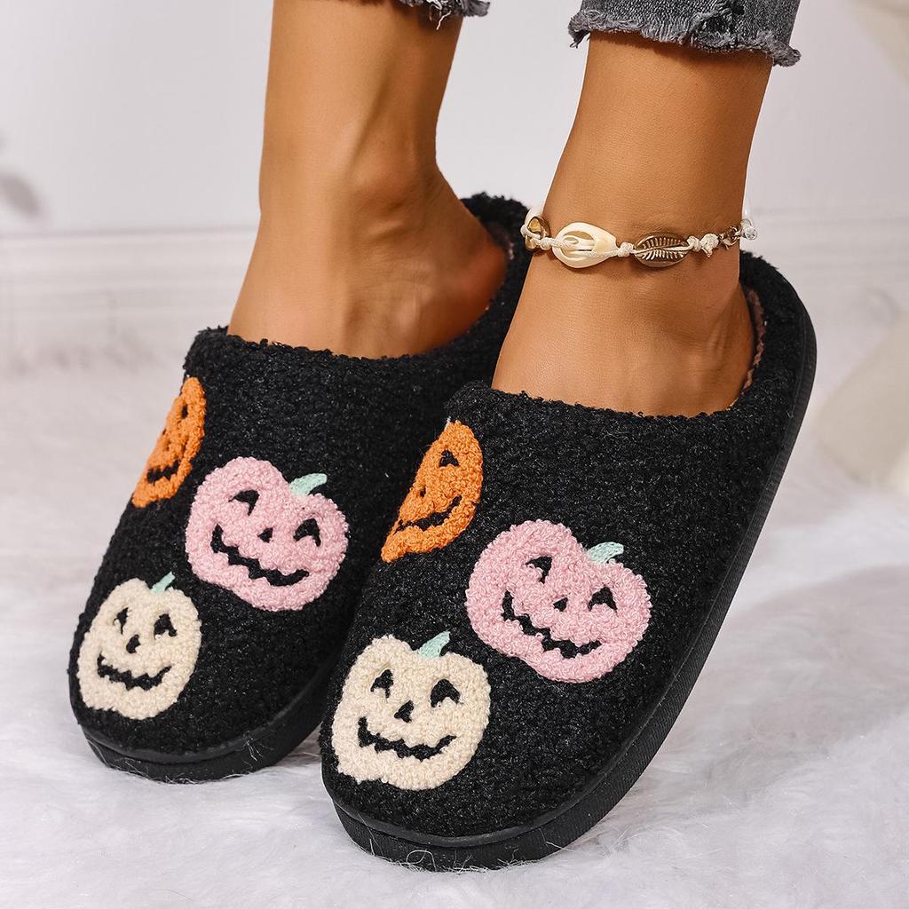 Unisex Halloween Pumpkin Indoor Cotton Slippers for Autumn and Winter, Warm Closed-Back Design