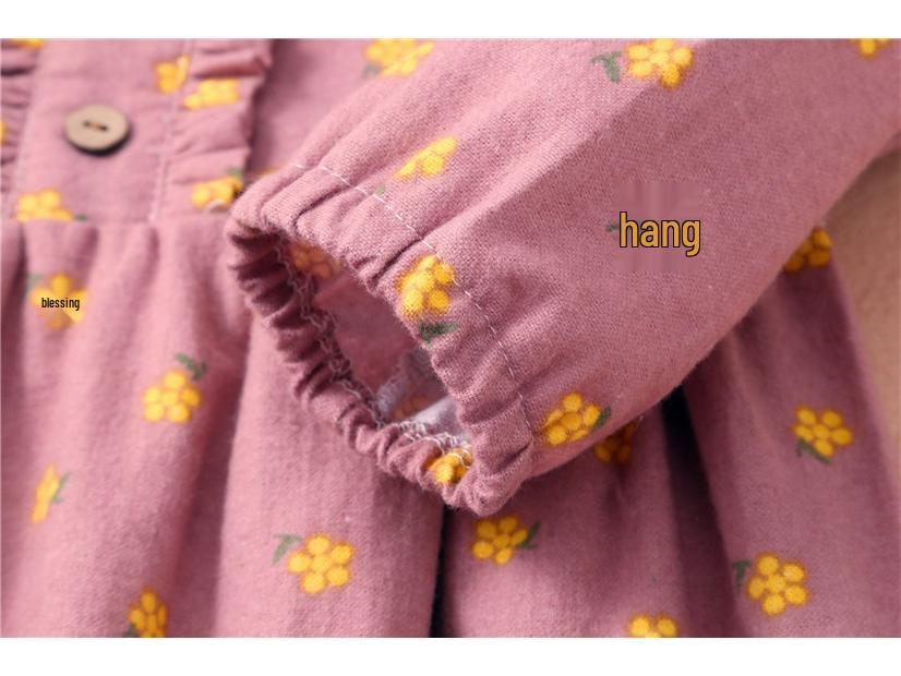Girls' Floral Princess Dress with Ruffle Collar - Long Sleeve Cotton for Spring/Autumn