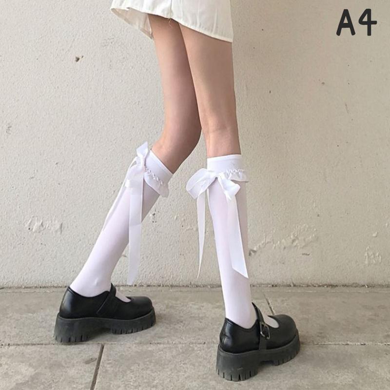 Japan Lolita Lace Stockings Women Sweet Kowknot High Knee Socks Femme Elastic