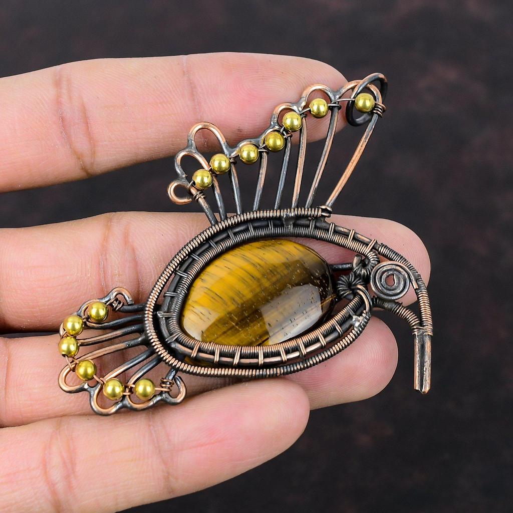 Tigerauge Anhänger Kupferdraht gewickelt Anhänger Vogel Anhänger Unikat Kupfer Design Schmuck Handarbeit stylischer Anhänger Edelstein Schmuck als Geschenk