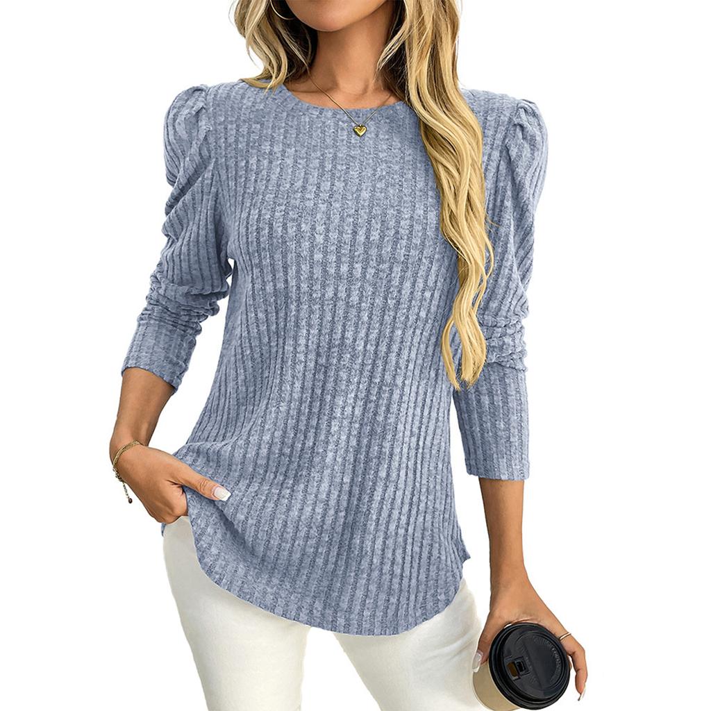 Women's Fashionable Solid Color Long Sleeved Round Neck Loose Casual Pullover T-shirt Top