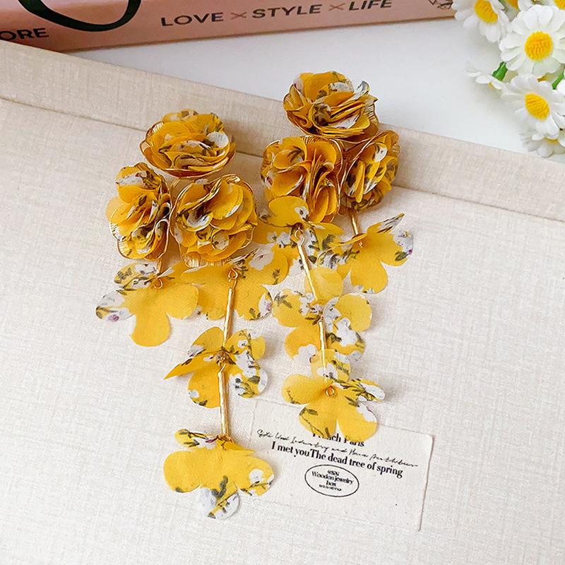Summer Chiffon Flowers Tassel Earrings For Women Vacation Style  Exaggerated Sweet Drop Earring Jewelry Accessories Gifts