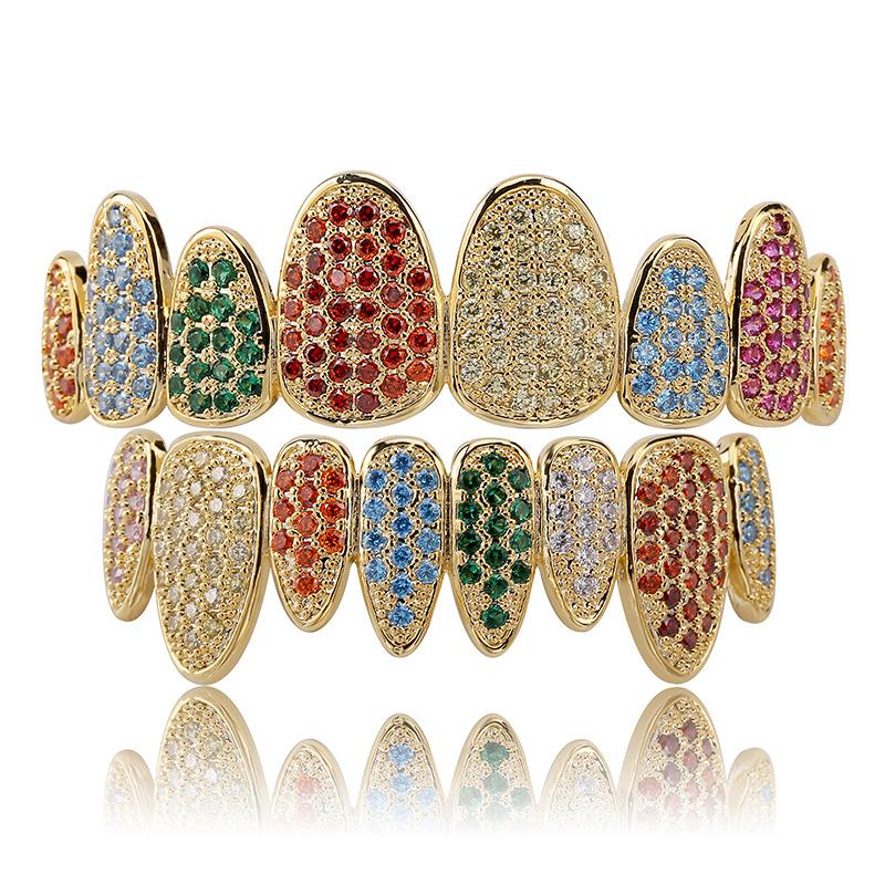 Bling Bling Rainbow CZ Zircon Paved Teeth Grillz Colorful Ice Bars Top Bottom Hip Hop Body Jewelry for Weddings