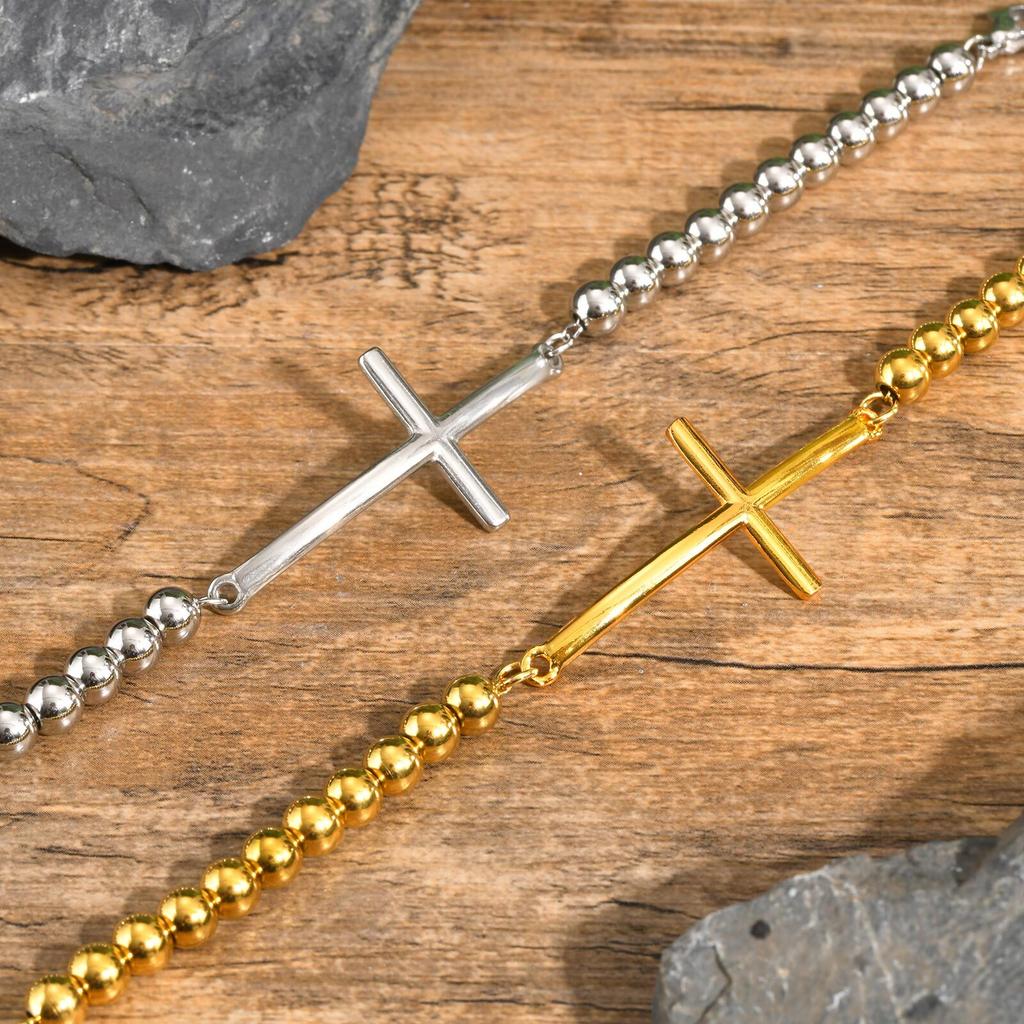Vnox Simple Big Cross Bracelets with Glossy Stainless Steel Beads Bracelets, Adjustable Beaded Chain Men Religious Faith Jewlery