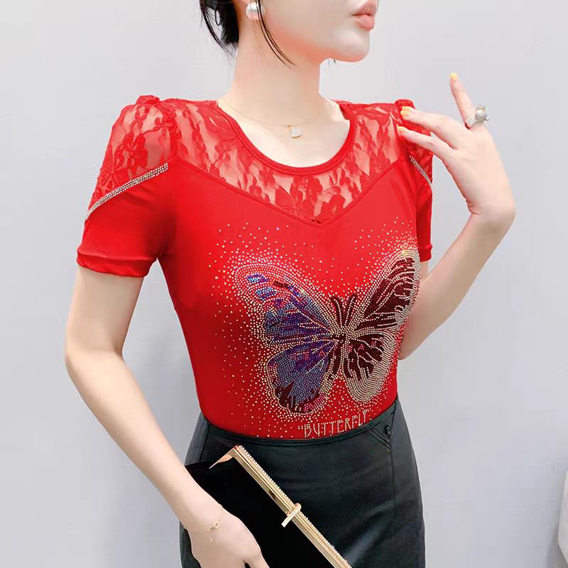 Summer New Sexy Off Shoulder Lace T-Shirt Women's Shiny Butterfly Hot Diamonds Designer Tops Elegant Slim Female Tees