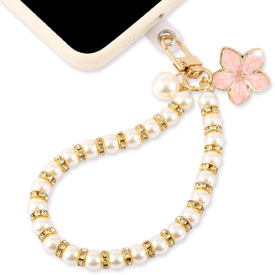 Cute Pearl Phone Charms Strap, Cell Phone Butterfly Flower Chain iPhone Lanyard Beaded Phone Bracelet Phone Wrist Beaded Mobile Phone Pendant Pink Flower Style