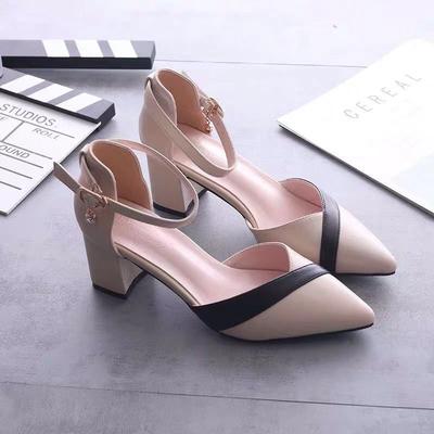 Baotou Sandals Women's New Korean Version Spring and Summer One-word Buckle Thick Heel Medium Heel Versatile Color Matching Pointed High Heels