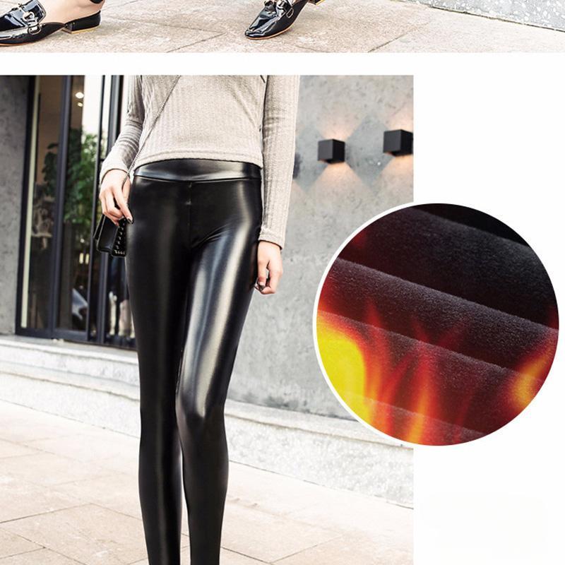 Pantalones de cuero sintético para mujer, leggings de otoño e invierno con forro polar grueso, de cintura alta, adelgazantes, resistentes al viento y al agua.