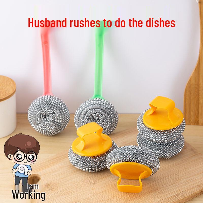 Steel Wool Pot Cleaning Brush with Handle - Long Handled Household Brush for Decontamination & Dishwashing