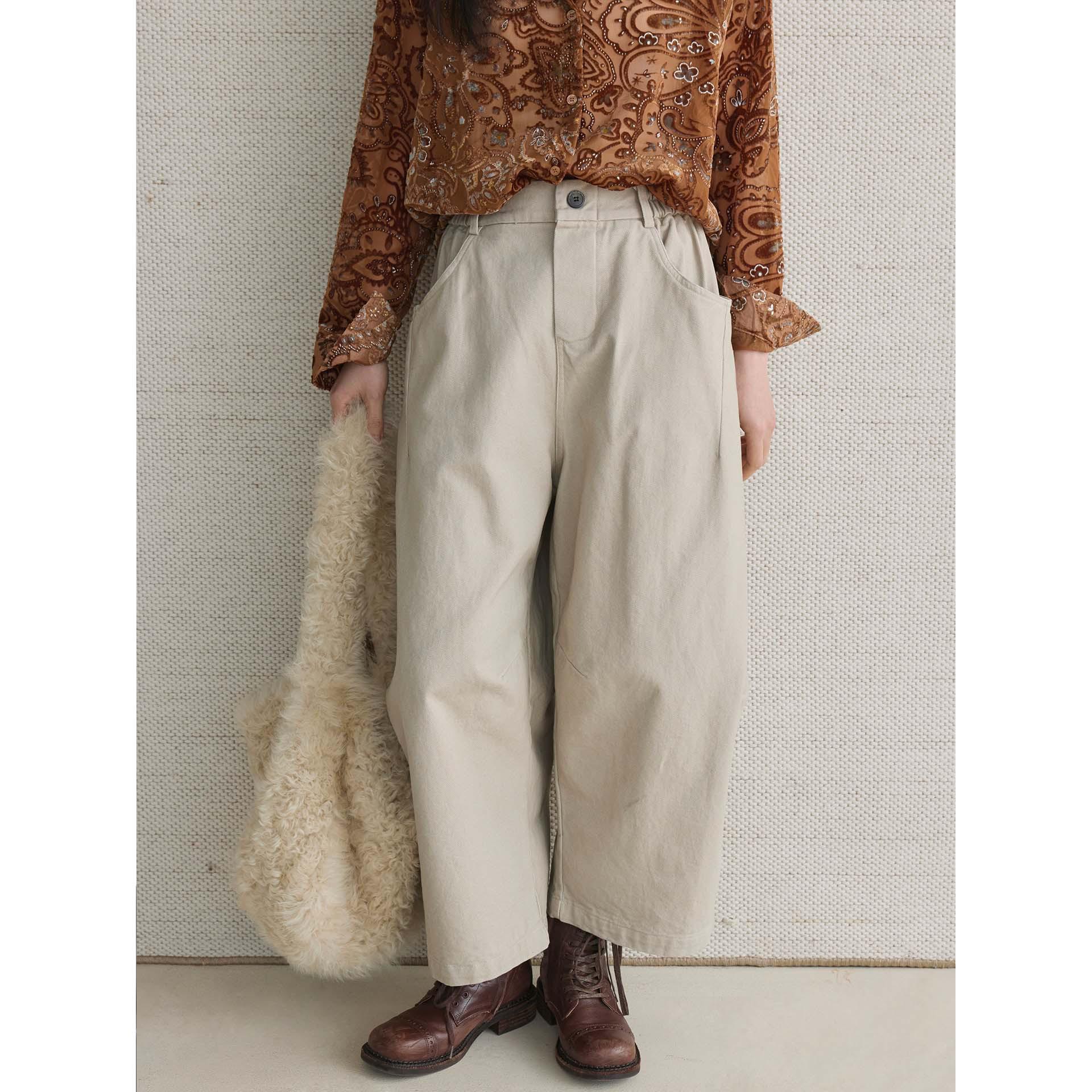 

Louvre Winter Japanese Retro Curved Loose Fleece Cotton Pants for Women One Size абрикосовий