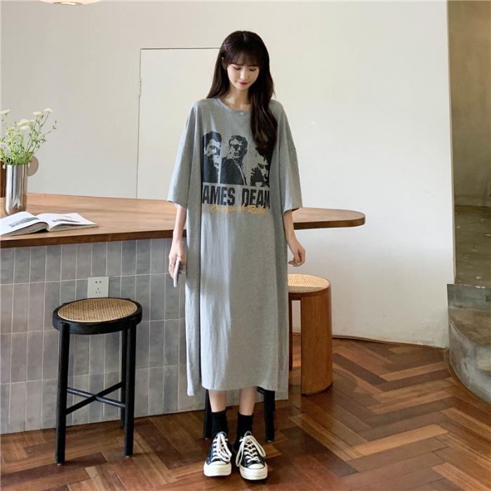 

Ночная рубашка длиной до колена в корейском стиле для женщин больших размеров — свободное, повседневное и удобное платье на весну/лето. 4XL серый