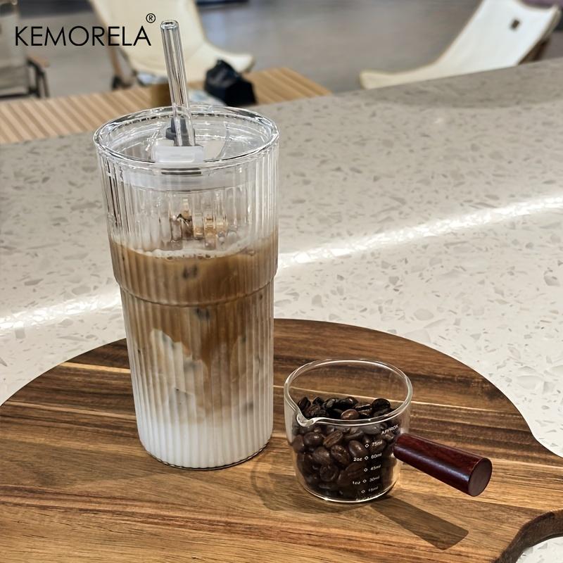 KEMORELA 1/2PCS Ribbed Glass Tumblers with Lids and Straw 600ML Large Capacity Coffee Cup for Iced Americano and Juice Coke Beer