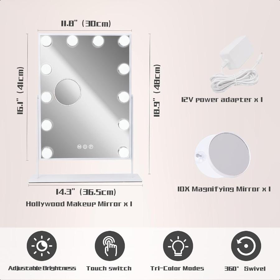 

Зеркало для макияжа Зеркало для туалетного столика с подсветкой 12 светодиодных ламп Освещенное голливудское зеркало 10-кратное увеличение 3 режима цвета Сенсорное управление Жен United States