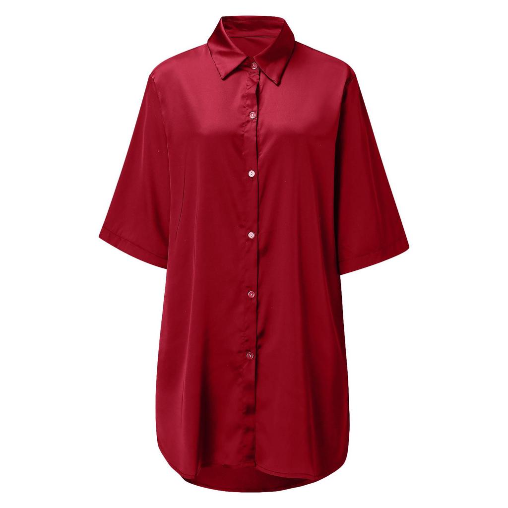 European & American Women's Silky Shirt: Solid Color, Sexy, Smooth Pajamas, and Comfortable Home or Outerwear.