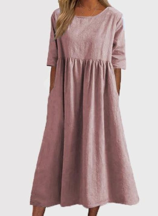 Cross-border foreign trade spring and summer new round neck 5-point sleeve large size casual loose long solid color cotton and linen dress