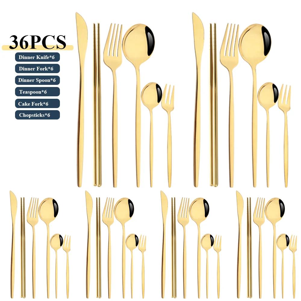36Pcs Stainless Steel Dinner Black Silver Dinnerware Set Knife Fruit Fork Spoon Cutlery Set Kitchen Tableware Silverware Sets