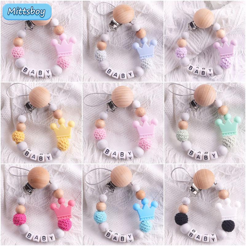 Newest Custom Personalized Name Pacifier Clips Handmade Beech Chains Silicone Beads Holder Soother Baby Teething Toys Chew Gift
