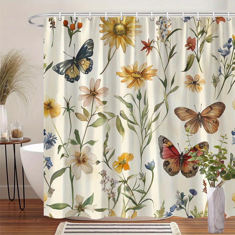 

1 Floral Butterfly Shower Curtain - Watercolor Bathroom Decor With Daisies, Lilies, Hooks Included, Machine Washable Polyester W60H190(CM)-1 Pcs