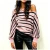 Winter Zebra Streifen Locker Schulterfrei Strickpullover Große Größen Farbblock Fledermausärmel Oberteil Damen