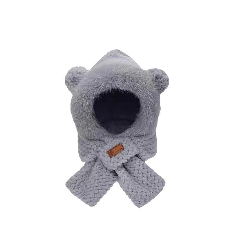 Cute Little Bear Scarf Hat Fashion Woman Warm One Piece Hat Winter Skiing and Cycling Comfortable Warm Hooded Mask Plush Hat