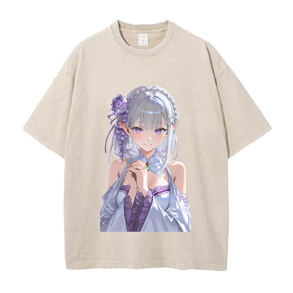 Re ZERO Starting Life In Another World Emilia Printed Tee Men Women Washed Cotton T-shirts Retro T Shirt Harajuku Unisex Tshirt