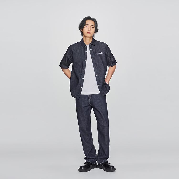 Comfortable Polo Collar Denim Logo Letter Short Sleeve Shirt Men shirts Light-Wash LMT010043206035898L00