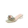 Ladies' Summer Mid Heeled Cool Slippers Women's Outerwear One Line Slippers Versatile Bead Crystal Heels Shoes