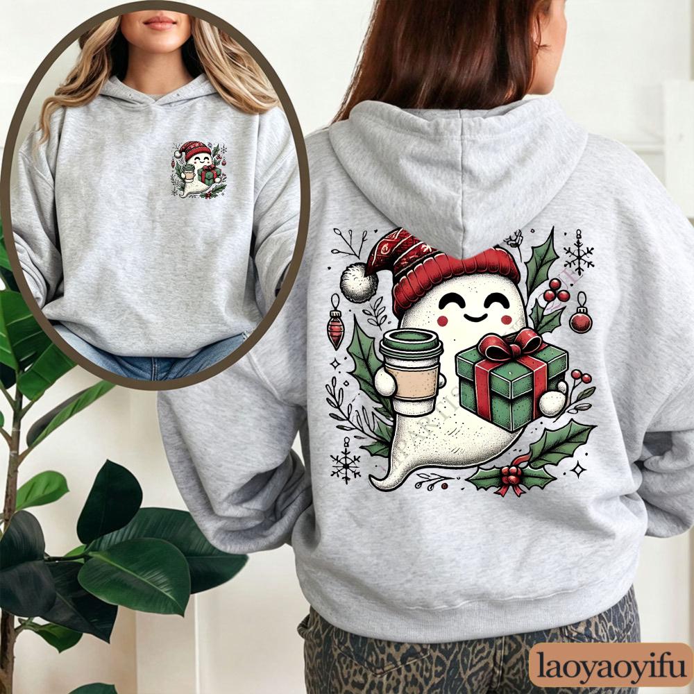 Cute Ghost Coffee Christmas Sweatshirt Santa Hat Gift Graphic Pullover Spooky Xmas Casual Loose Tops Men Hoodies Women