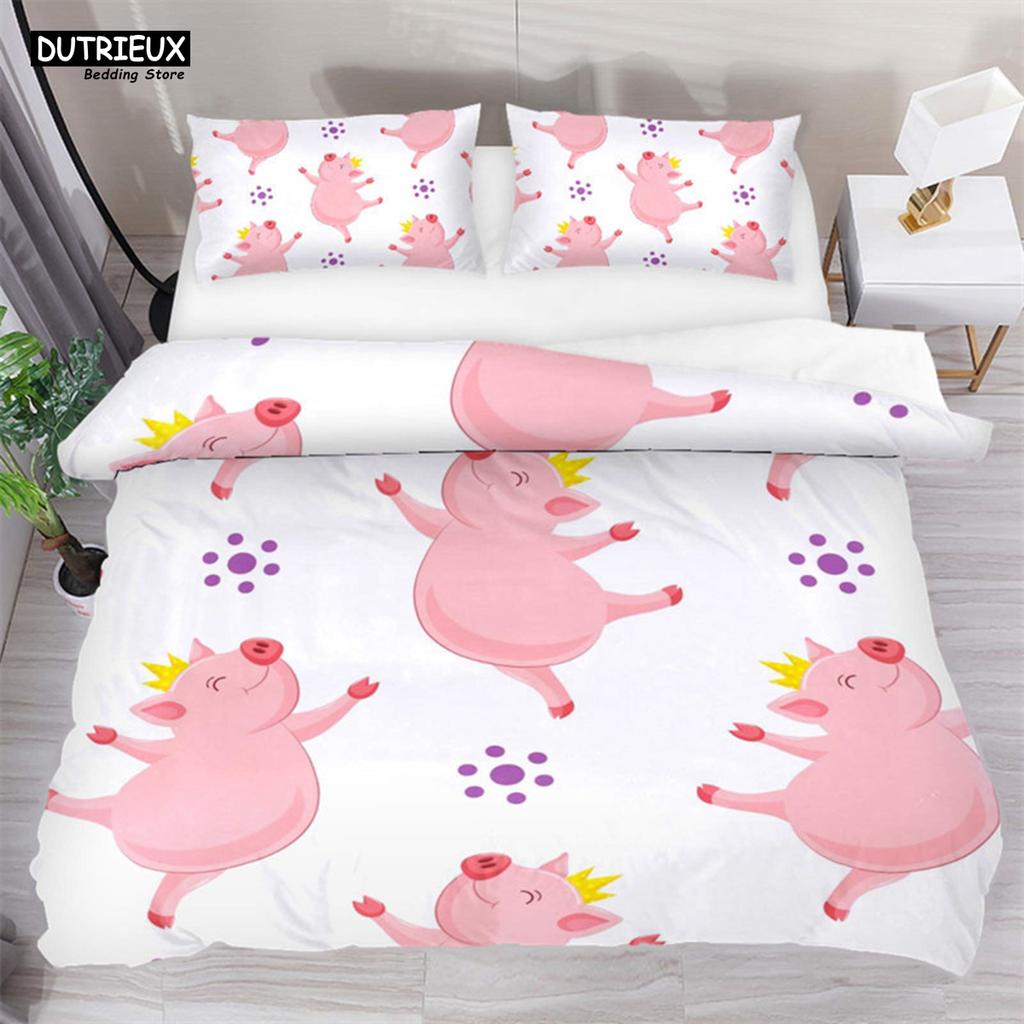 Cartoon Lovely Pig Duvet Cover Set Kawaii Animal Bedding Set King Microfiber Farmhouse Wildlife Theme Comforter Cover Pillowcase