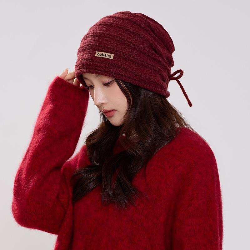 Autumn and Winter Drawstring Knitted Stacking Hat Adjustable Ear Protection Versatile Headgear Outdoor Travel Warm Hat Women's