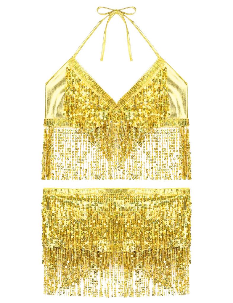Women Shiny Sequins Tassels Carnival Rave Performance Belly Dance Costume Halter Bra Tops with Hip Scarf Wrap Skirt Set