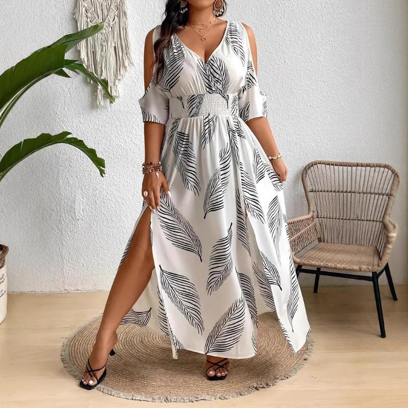 Abito da Donna alla Moda con Scollo a V Sexy con Stampa Elegante con Spacco e Spalle Scoperte