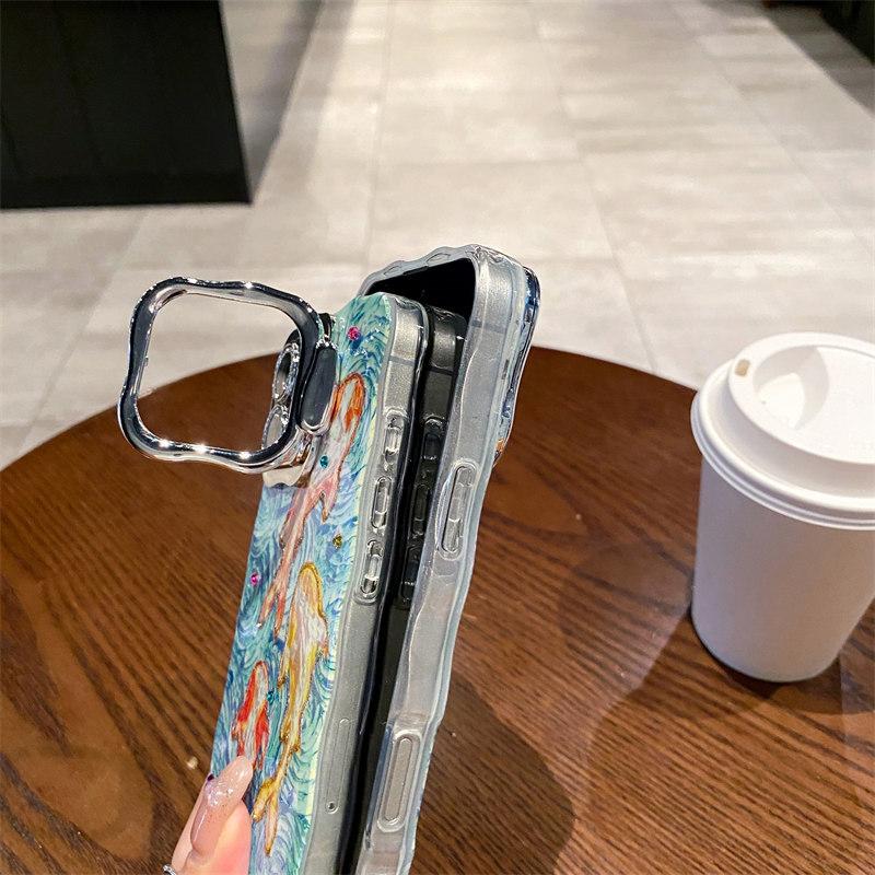 Luxury Fashion Flash Powder Lens Film Koi Diamond Phone Case for iPhone 16 Pro Max 15 14 Plus 13 12 11 Invisible Stand Full Cover Protective Cover