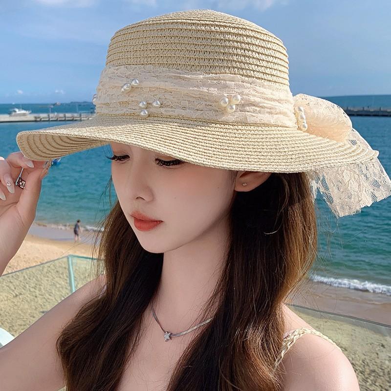 Lace Bow Big Brim Straw Hat Spring and Summer New Sunscreen Beach Sun Hat Fresh and Sweet Bucket Hat