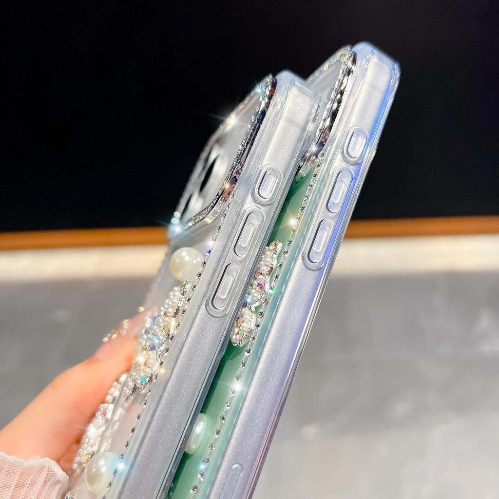 Jewelled Border Pearl Butterfly Glitter Phone Case for IPhone 17 Air 16E 17 16 15 14 13 Pro Max Transparent Cover