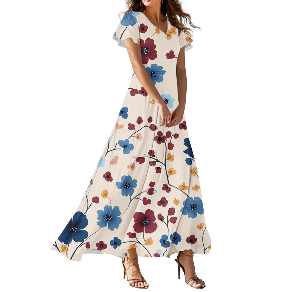 Women's Summer Casual Fashion Floral Print Dress V Neck Short Sleeve Dress