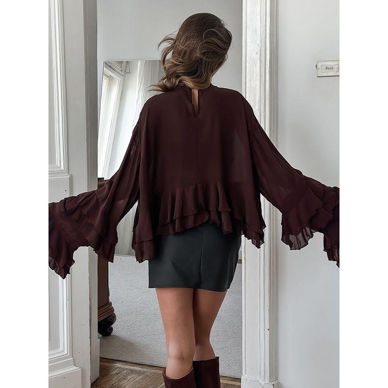 Fashion Shirt Women's Long Sleeve Loose Stacked Ruffles Brown 2025 Summer Casual Elegant Women's Tops Vacation