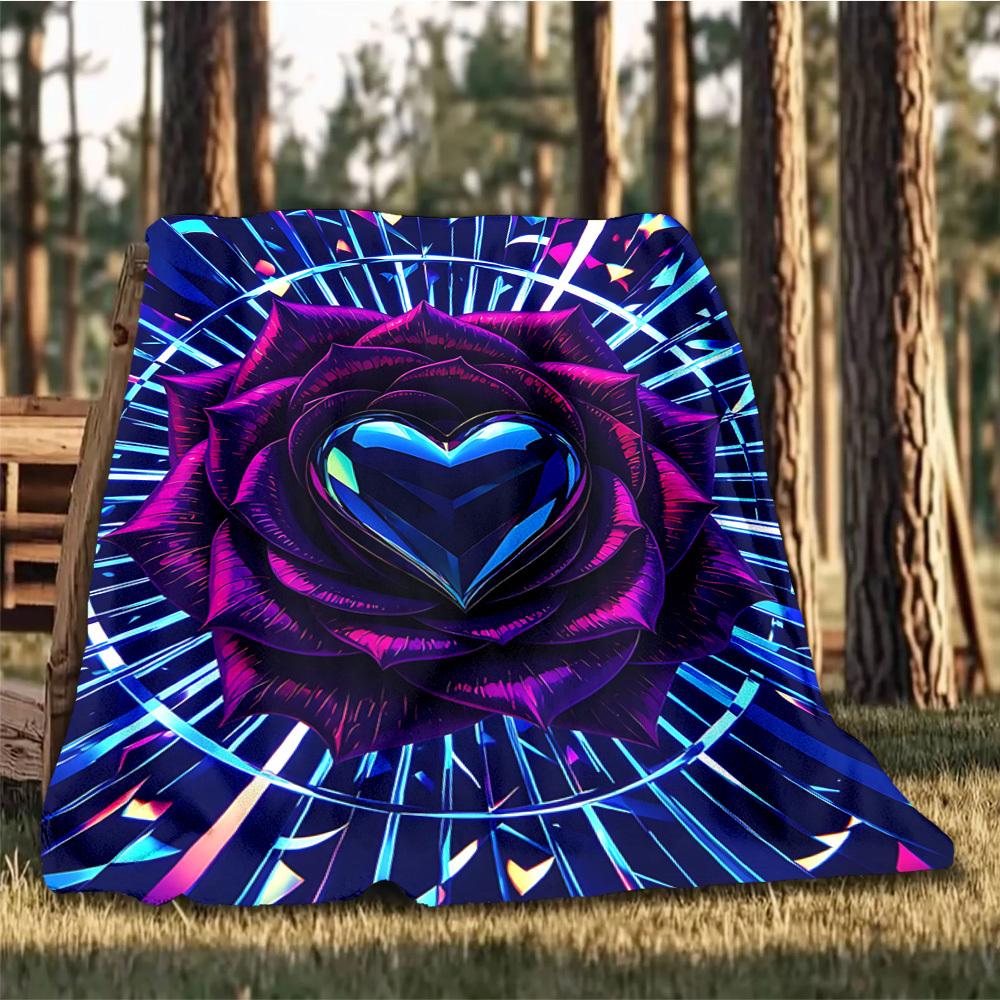 1pc Heart Rose Outdoor Flannel Blanket , Machine Washable Perfect Gift for Birthday , Holiday Travel Accessory , Durable Material