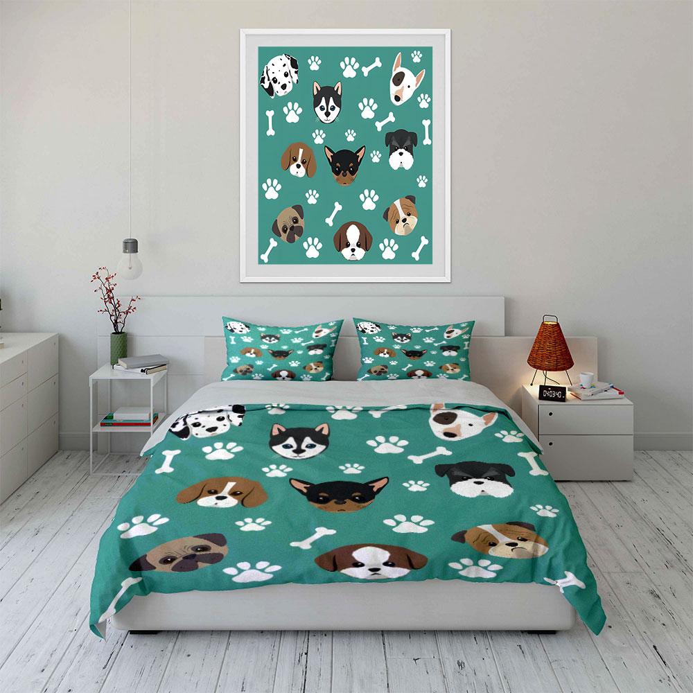 Cute Dog Faces and Paw Prints Bedding Duvet Cover Set (1*Duvet Cover 2*Pillowcases, without duvet insert)