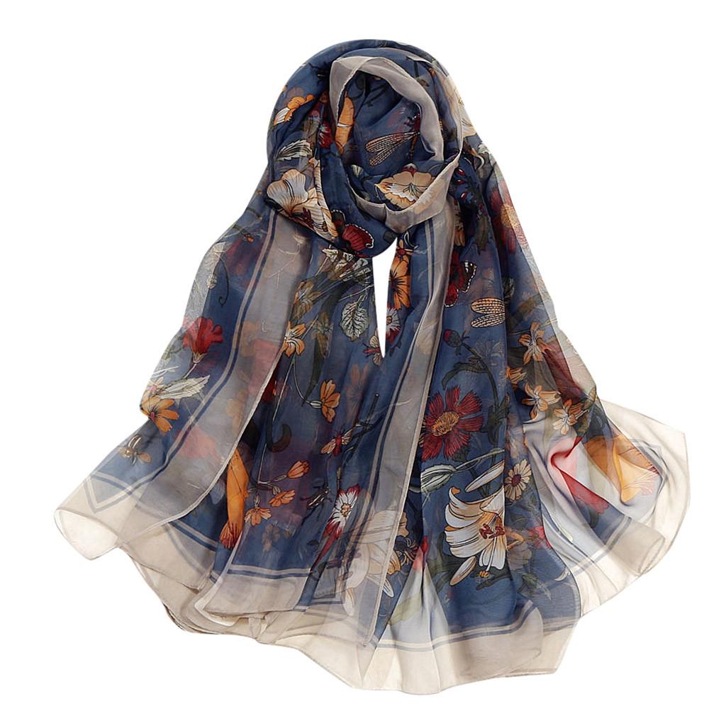 Fashion Women Flower Print Long Soft Wrap Scarf Simulation Silk Shawl Scarves