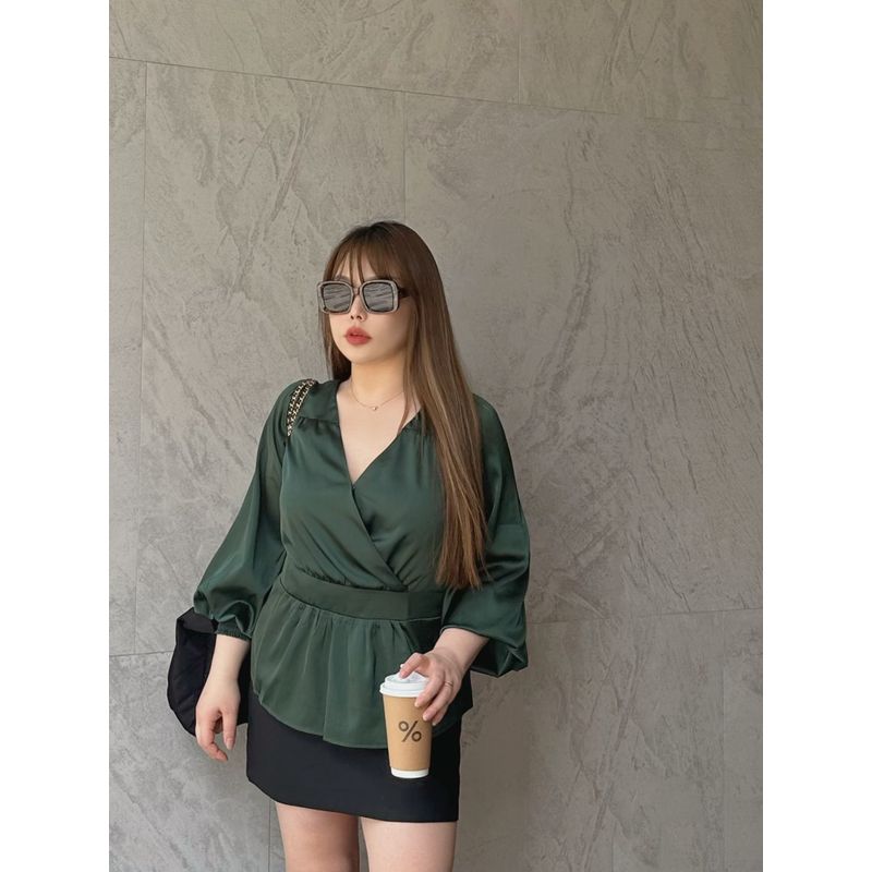

30% off Miss Biggie Fashion Plus Size Slim Looking Easiest for Match Boutique Satin V Neck Waist-Tight Bishop Sleeves Top Emerald XL