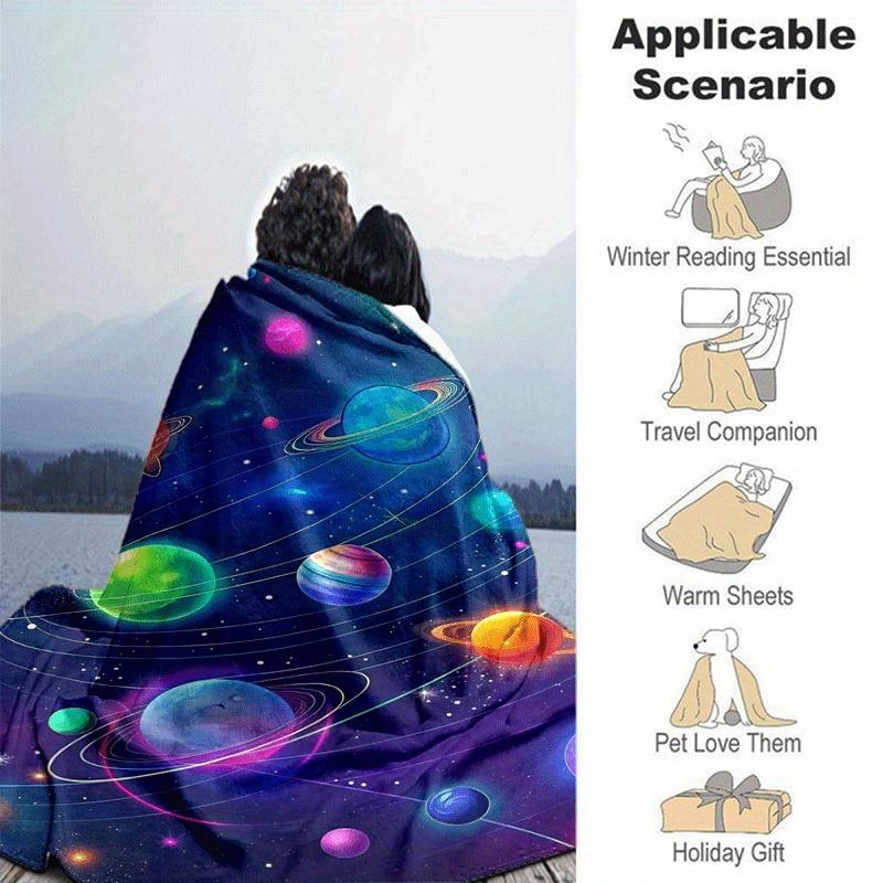 1pc Planet Printing Lightweight Flannel Blanket, Comfortable and Warm Blanket, for Camping Sofa Bed and Couch Office, Gift