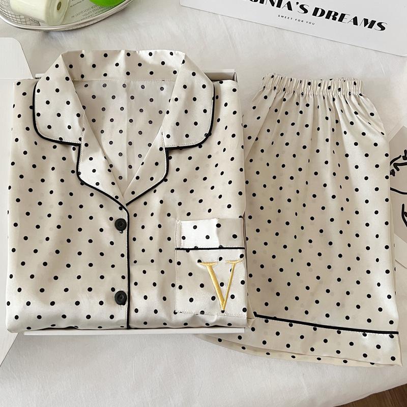French Style Ice Silk Pajamas Women'S Thin Short-Sleeved Shorts Polka Dot Temperament Style Simple And Cool Summer Loungewear