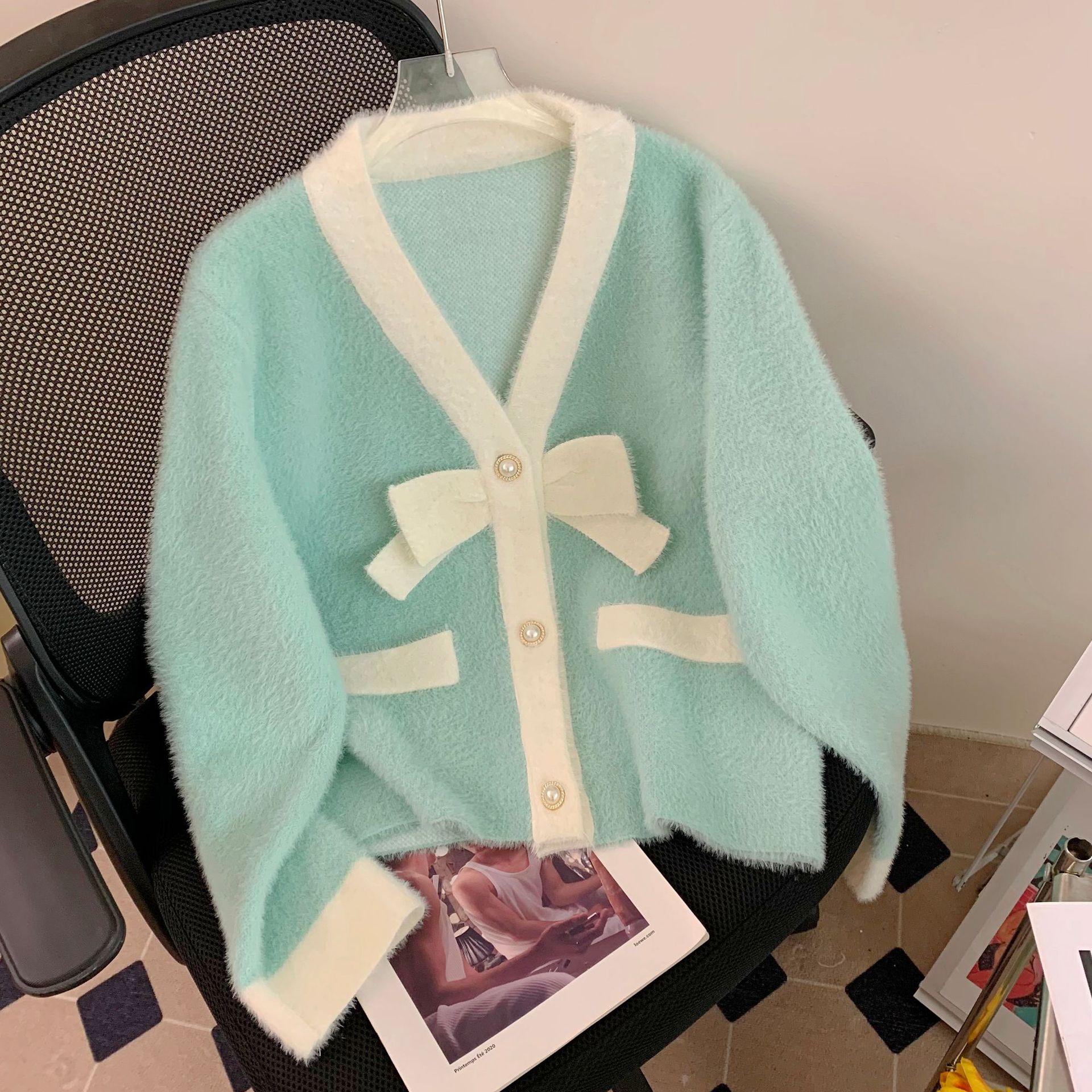 

Осенне-зимний женский свитер из искусственного норкового бархата с v-образным вырезом, маленький вязаный кардиган в парфюмерном стиле, короткая куртка One Size зелёный